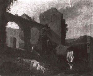Antike Ruinen In Hugellandschaft, Davor Ein Flote Spielender Hirte Auf Einem Stier, Ziegen, Kuh Und Hund by Michiel (Carree) Carre