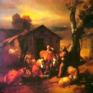 Landscape At Evening With A Piper And Figures Milking Cattle By A Barn