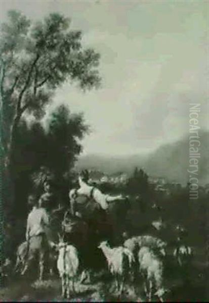 An Italianate Landscape With Peasants, Goats And Cow On A Track - view 1