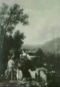 An Italianate Landscape With Peasants, Goats And Cow On A   Track by Michiel (Carree) Carre