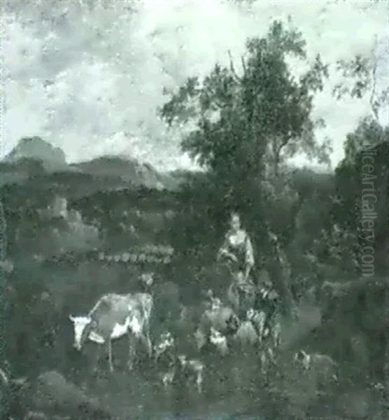 Hirtenfamilie Mit Herde In Gebirgslandschaft - view 1