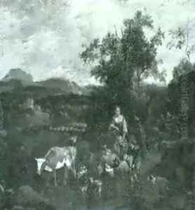 Hirtenfamilie Mit Herde In Gebirgslandschaft Hirtenfamilie Mit Herde In Gebirgslandschaft
