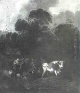 A Shepherdess With Her Flock Fording A Stream