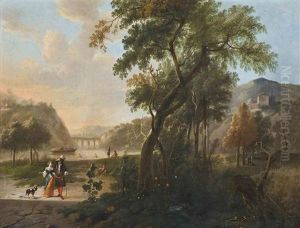An Mountainous Wooded River Landscape With Elegant Company Conversing On A Track, Bathers Beyond