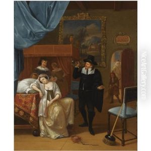 A Bedroom Interior With An Ill Lady And A Doctor, Other Figures In The Background by Hendrik Carre