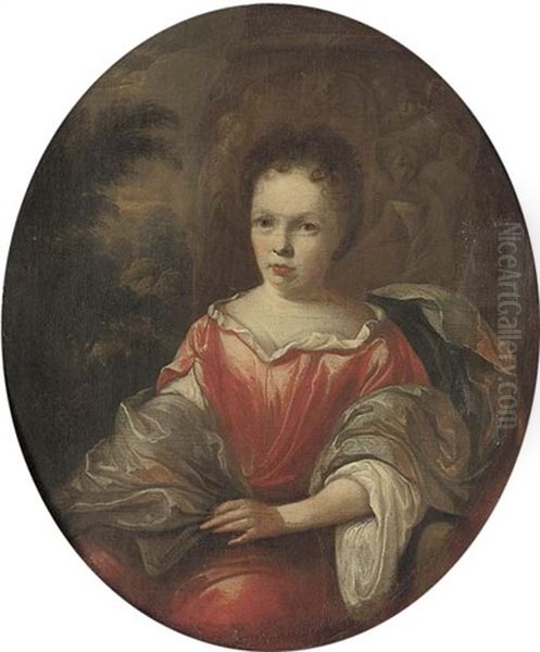 Portrait Of A Lady, Seated, Three-quarter-length, In A Red Satin Dress With A Blue Mantle, A Classical Relief And A Wooded Landscape Beyond - view 1
