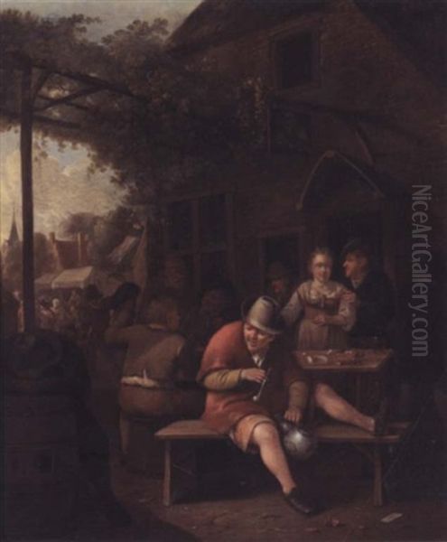 Figures Smoking And Drinking Outside An Inn - view 1