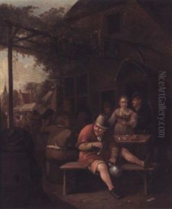 Figures Smoking And Drinking Outside An Inn by Hendrik Carre