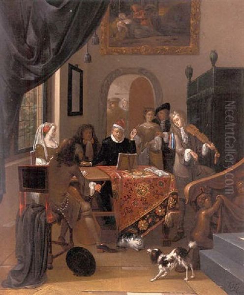 A Music Party In An Elegant Interior, Seen Past A Trompe L'oeil Curtain - view 1