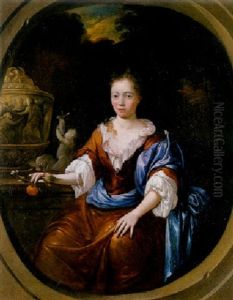 Portrait Of A Lady Wearing A Light Brown Silk Dress With Lace Chemise And Blue Wrap, Holding An Orange Branch
