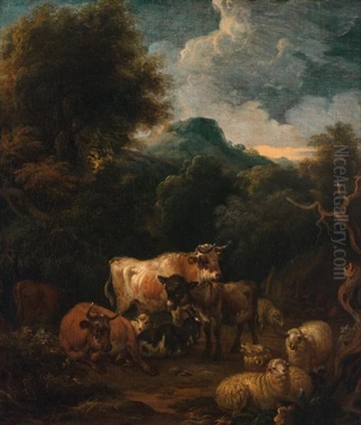 A Pastoral Landscape With Cows, Sheep, And A Donkey - view 1