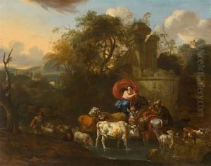 An Arcadian Landscape With Ruins And Figures by Michiel Carree