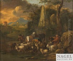Hirten Mit Ihren Tieren An Einer Antiken Stele Vor Italienisierender Ruinenlandschaft by Michiel Carree