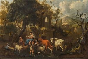 Arcadian Landscape With Herd Of Cattle by Michiel Carree