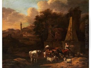 Arkadische Landschaft Mit Hirtenidylle Unter Antiken Monumenten by Michiel Carree