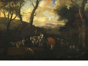 An Extensive Landscape With Cattle And Figures By A Stream by Michiel Carree