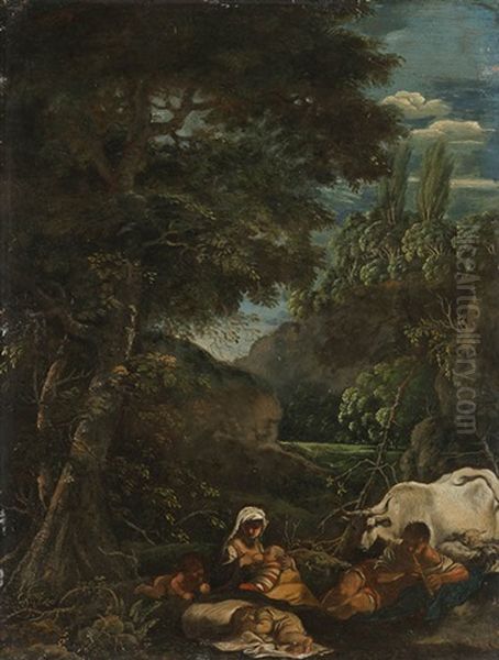 Hirtenpaar Mit Kindern Auf Einer Waldlichtung - view 1