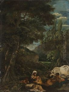 Hirtenpaar Mit Kindern Auf Einer Waldlichtung thumbnail