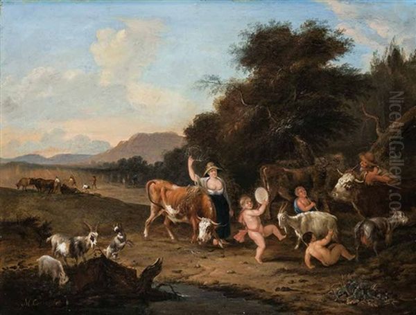 Allegorie Des Sommers, Mit Musizierenden Putti, Ziegen Und Hirten. Eine Magd Fuhrt In Der Bildmitte Einen Geschmuckten Stier - view 1