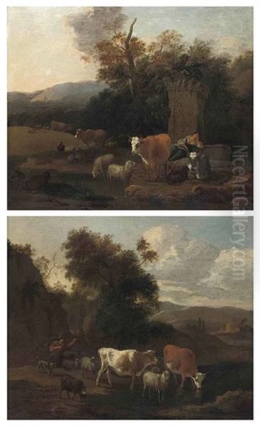 A Wooded Landscape With A Drover And Her Cattle At Rest By Classical Ruins (+ A Wooded River Landscape With A Drover And His Cattle Watering; Pair) - view 1
