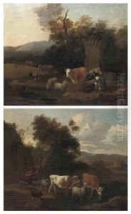 A Wooded Landscape With A Drover And Her Cattle At Rest By Classical Ruins (+ A Wooded River Landscape With A Drover And His Cattle Watering; Pair) by Michiel Carree