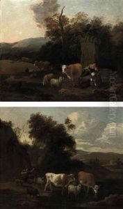 A Wooded Landscape With A Drover And Her Cattle At Rest By Classical Ruins (+ A Wooded River Landscape With A Drover And His Cattle Watering; Pair) by Michiel Carree