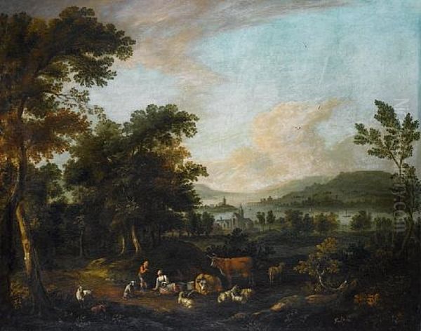 A River Landscape With A Shepherd And Shepherdess Resting Beneath Trees - view 1