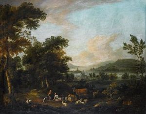 A River Landscape With A Shepherd And Shepherdess Resting Beneath Trees by Michiel Carree