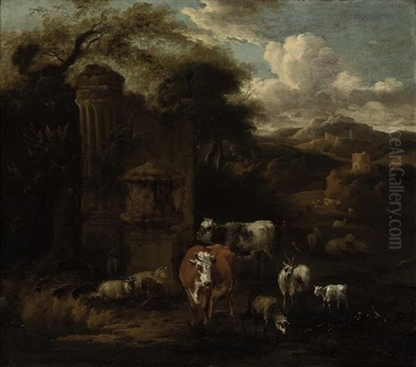A Mountainous Landscape With A Herd Of Cattle, Sheep And Goats At Water, By Classical Ruins - view 1