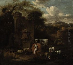 A Mountainous Landscape With A Herd Of Cattle, Sheep And Goats At Water, By Classical Ruins by Michiel Carree