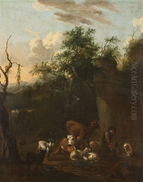Ruinenlandschaft Mit Kuhen, Schafen, Ziegen Und Hirte - view 1