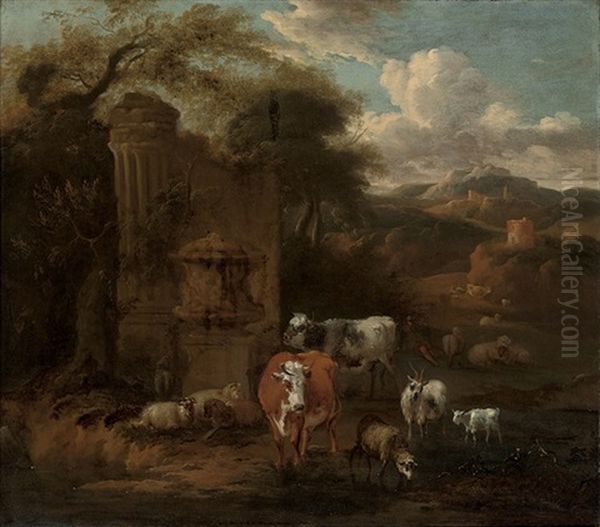 A Mountainous Landscape With A Herd Of Cattle, Sheep And Goats At Water - view 1