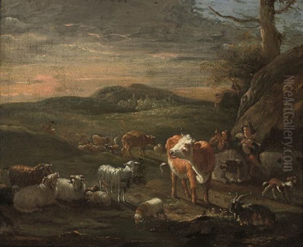 A Shepherd Piping With Other Shepherds Amongst Their Flocks - view 1