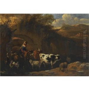 A Shepherdess With Her Herd Fording A Stream In An Italianate Landscape by Michiel Carree