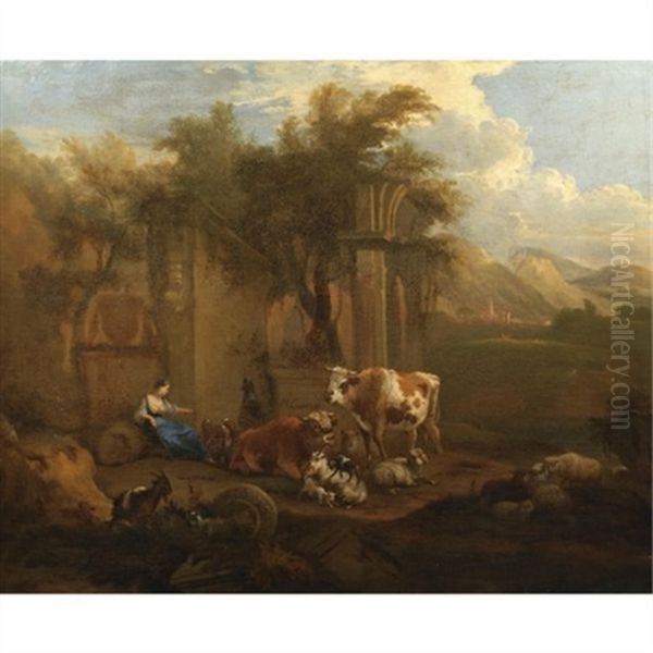An Italianate Landscape With Drovers And Their Animals Resting Before Classical Ruins - view 1