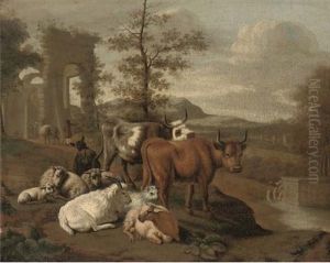 An Italianate Landscape With Cattle, Goats, Sheep And Figures By Classical Ruins by Michiel Carree