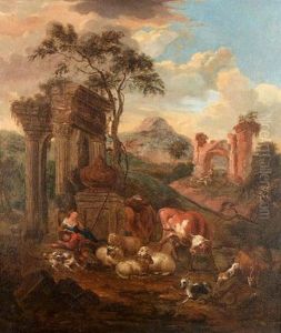 A Shepherd And Shepherdess With Sheep, Goats And Cattle Resting Before Ruins by Michiel Carree