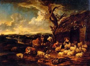 A Shepherd And Shepherdess Shearing Sheep By A Barn In A Landscape by Michiel Carree