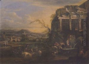 An Italianate Landscape With Horsemen At A Fountain, With A Drover And Cattle Resting Before A Ruined Arch