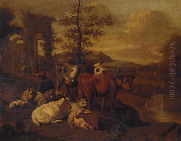Cattle, Goats And Figures With A Donkey By Classical Ruins - view 1