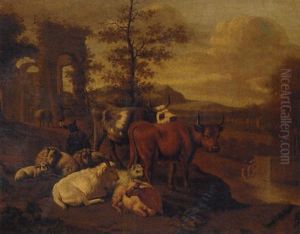 Cattle, Goats And Figures With A Donkey By Classical Ruins by Michiel Carree