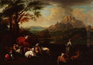 Hirten Mit Viehherde In Idealer Sudlicher Ruinenlandschaft