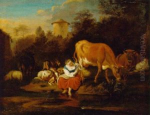 A Drover With Cattle, Goats And A Dog Resting By A Stream by Michiel Carree