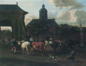 Herdsmen Driving Their Cattle Before The Entrance To A Town, A Civic Building Beyond Herdsmen Driving Their Cattle Before The Entrance To A Town, A Civic Building Beyond