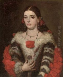 Portrait Of A Lady In A Blue And White Dress With Red Trimmings