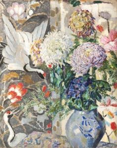 Nature Morte Aux Pivoines Et Decor Aux Grues Du Japon by Augustin Carrera