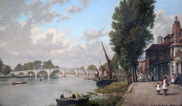 View Of Richmond Bridge With Figures And Shops Along The Bank - view 1