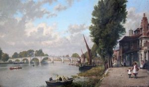 View Of Richmond Bridge With Figures And Shops Along The Bank