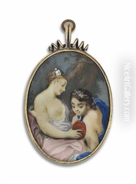 Two Lovers: Armida, Showing Rinaldo His Reflection In A Mirror, Armida In Loose-fitting Pink Shift, Rinaldo In Blue Drape; Woodland Background - view 1