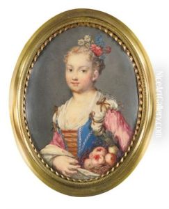 Portrait Of A Young Lady, Half-length, Holding A Basket Of Fruit And With Flowers Adorning Her Hair by Rosalba Carriera